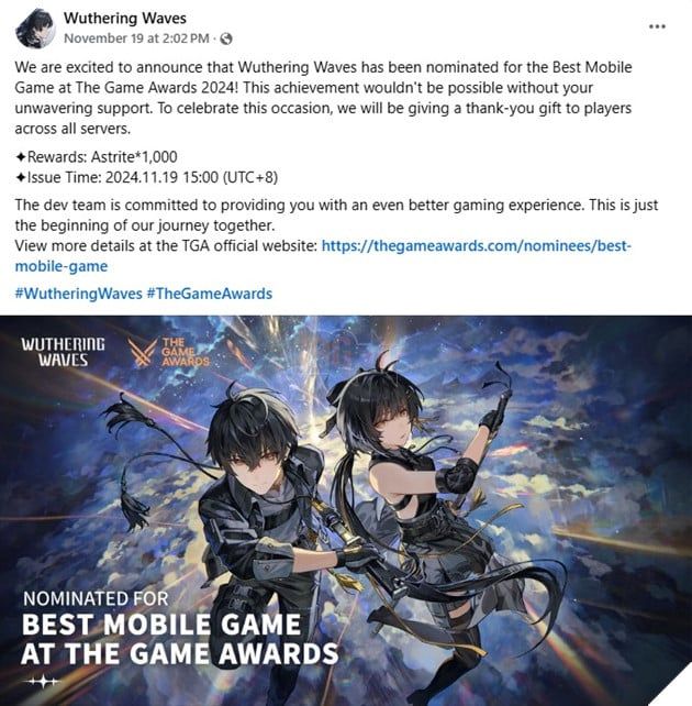 Wuthering Waves trao tặng phần quà lớn cho game thủ sau khi nhận được đề cử tại The Game Awards