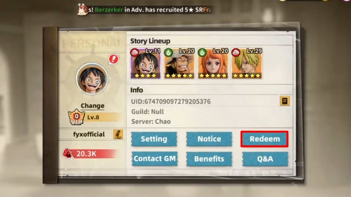 Hướng dẫn nhập mã code Pirate King Legend - bước 2
