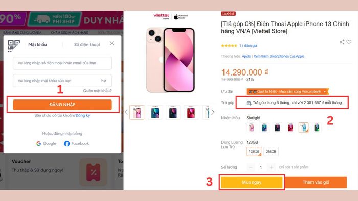 Các bước đơn giản để mua hàng trả góp trên Lazada - bước 1,2,3