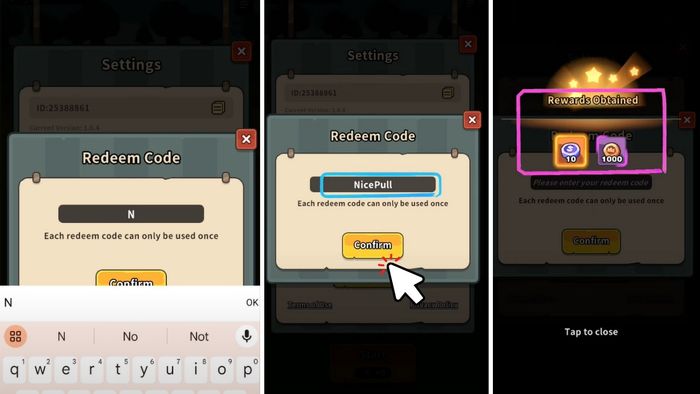 Hướng dẫn nhập mã code Pull Pull Pull Heroes - bước 3