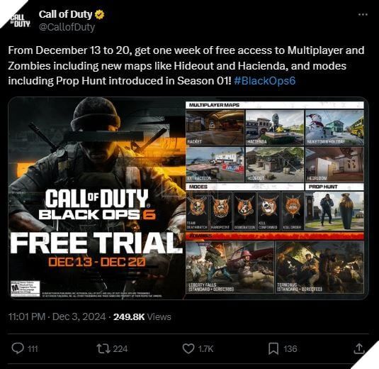 Call of Duty: Black Ops 6 công bố tuần lễ trải nghiệm miễn phí các chế độ Multiplayer và Zombies