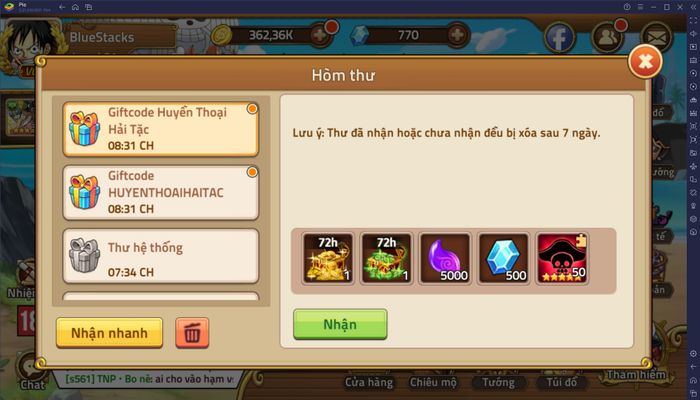 Hướng dẫn cách nhập giftcode khi chơi Huyền Thoại Hải Tặc trên BlueStacks PC