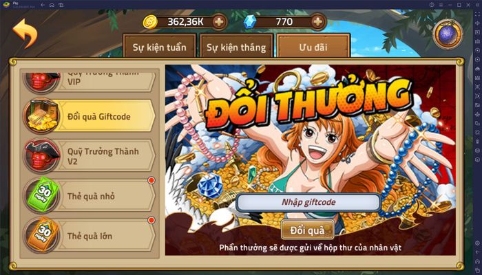 Hướng dẫn nhập giftcode trong Huyền Thoại Hải Tặc khi chơi trên PC với BlueStacks