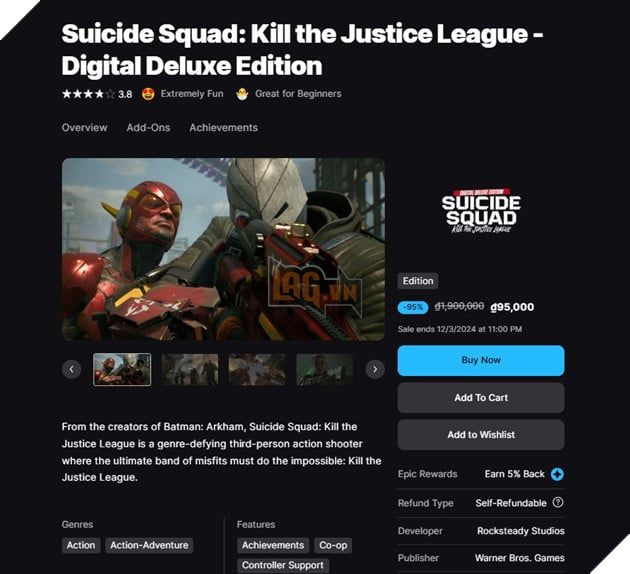 Phiên bản mới của game Suicide Squad: Kill the Justice League đang gây sự chú ý khi được giảm giá mạnh mẽ trên Epic Games. Cụ thể, trò chơi này hiện chỉ còn 5 đô-la (hoặc 95,000 đồng tại Việt Nam), mức giá rất hấp dẫn so với giá gốc. Bản Digital Deluxe đi kèm các bộ trang phục Justice League, nhiều vũ khí mới, những món đồ trang trí cho vũ khí và một xu Battle Pass để mở khóa các tính năng đặc biệt. Nếu bạn đã từng cảm thấy giá của game quá cao, thì giờ đây là cơ hội tuyệt vời để sở hữu nó với mức giá cực kỳ hợp lý.