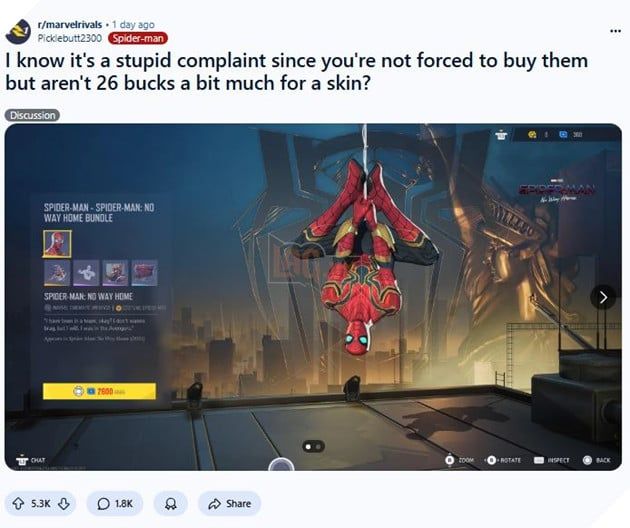 Cộng đồng người chơi Marvel Rivals tiếp tục tranh cãi về giá của các skin MCU trong game.