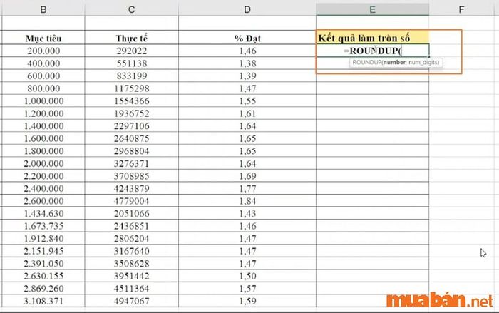 Cách làm tròn số trong Excel bằng cách sử dụng hàm ROUNDUP