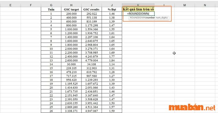 Cách làm tròn số trong Excel bằng hàm ROUNDDOWN