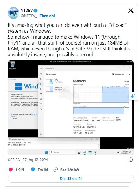 Windows 11 đã được đẩy đến giới hạn cực đại với chỉ 184MB RAM 2
