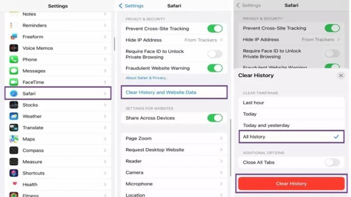 Cách xóa bộ nhớ đệm, lịch sử và cookie trong Safari trên iPhone.