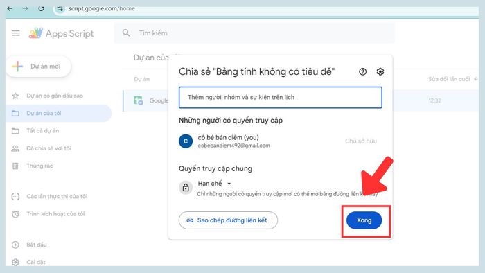 Chia sẻ và cấp quyền cho Google Apps Script bước 3