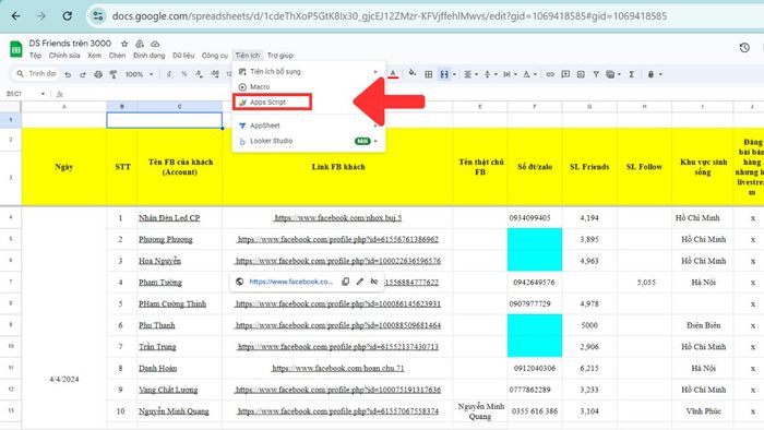 Hướng dẫn mở Google Apps Script từ Google Sheets - Bước 3