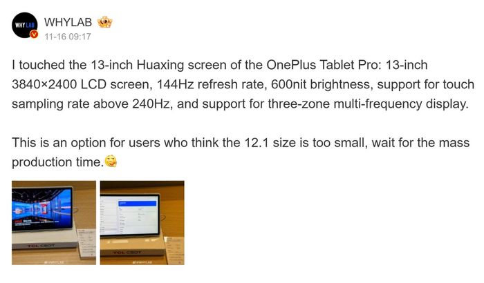 Rò rỉ thông tin về phiên bản mới của OnePlus Pad Pro với màn hình 13 inch.