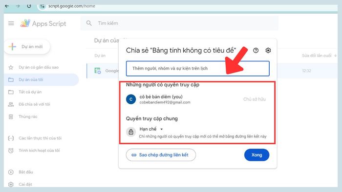 Chia sẻ và cấp quyền cho Google Apps Script bước 2