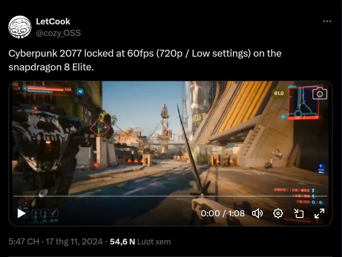 Snapdragon 8 Elite có khả năng duy trì Cyberpunk 2077 ổn định ở mức 60fps một cách mượt mà