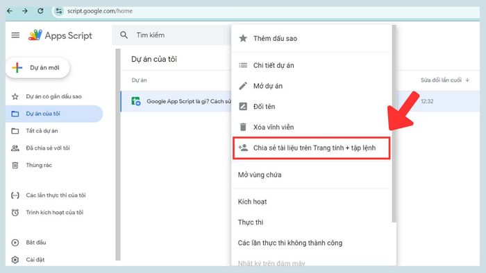 Chia sẻ và cấp quyền cho Google Apps Script bước 1
