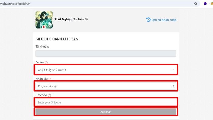 Hướng dẫn nhập mã code Thất Nghiệp Tu Tiên Đi trên Vplay, bước 4