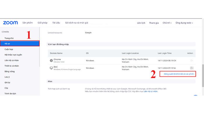 Cách sửa lỗi Invalid Meeting ID - Đăng xuất khỏi tất cả thiết bị khác - Bước 2 và 3