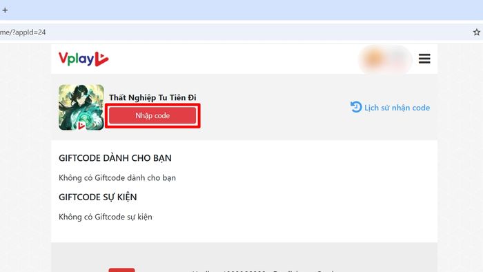 Hướng dẫn nhập mã code Thất Nghiệp Tu Tiên Đi trên Vplay, bước 5