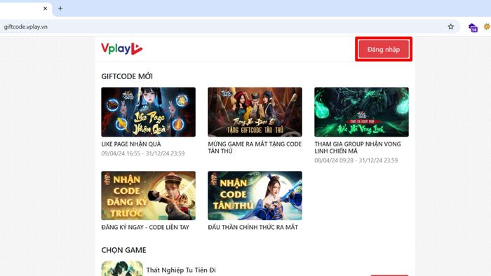 Hướng dẫn nhập mã code game Thất Nghiệp Tu Tiên Đi trên Vplay, bước 1