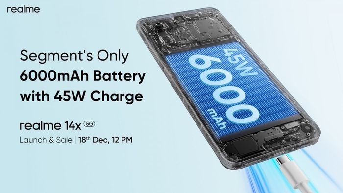Realme 14x sở hữu viên pin 6000 mAh ấn tượng, đáp ứng tốt nhu cầu sử dụng trong thời gian dài.