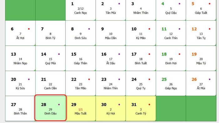 Ngày 29 Tết Nguyên Đán 2025 là vào ngày nào theo lịch Dương?