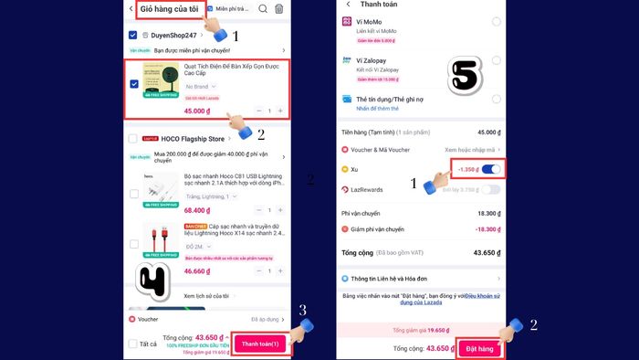 cách sử dụng xu trên Lazada để thanh toán - Giảm giá trực tiếp khi mua hàng qua bước 4 và 5