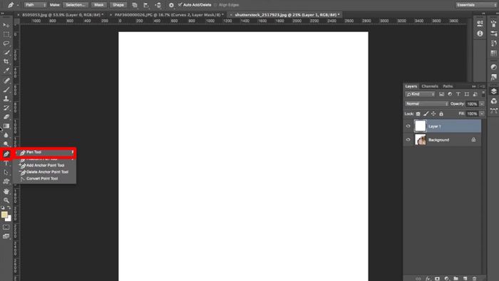 Hình ảnh minh họa cách vẽ đường thẳng trong Photoshop bằng Pen Tool ở bước đầu tiên.