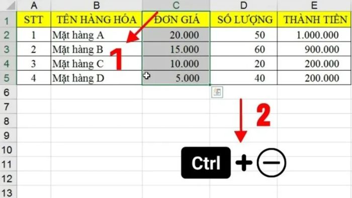 Sử dụng phím tắt để xóa cột trong Excel