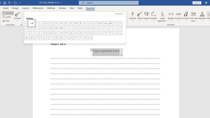 Sử dụng công cụ Equation để thêm dấu suy ra trong Word - bước 4