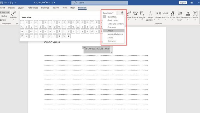 Sử dụng công cụ Equation để thêm dấu suy ra trong Word - bước 3