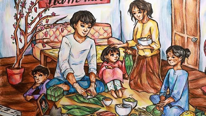 Hình ảnh vẽ tranh về gói bánh chưng trong ngày Tết
