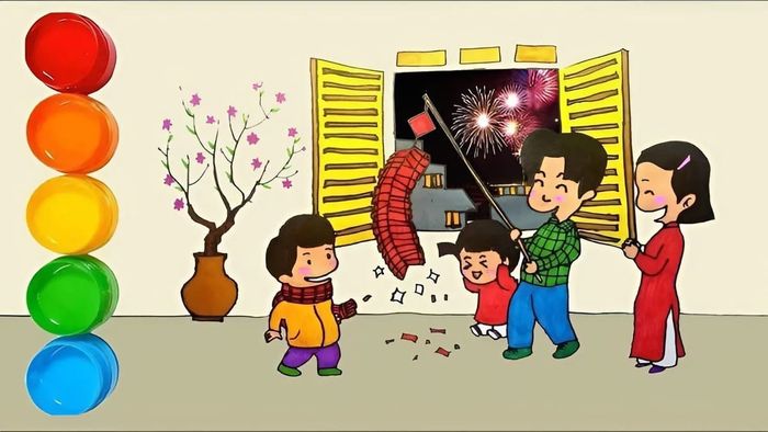 Vẽ tranh ngày Tết trong gia đình đoàn tụ ấm áp