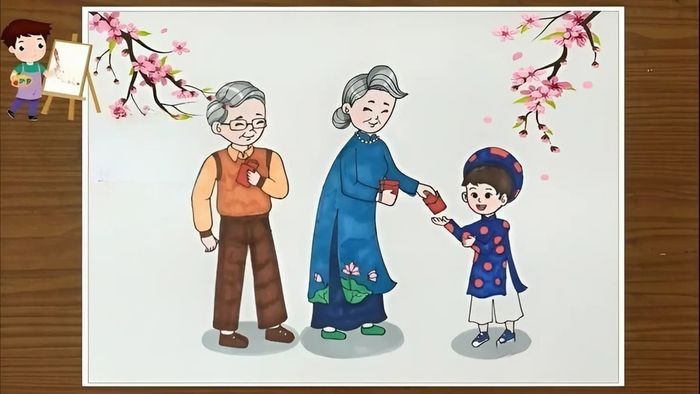 Tranh Tết với hình ảnh lì xì ông bà đầy yêu thương