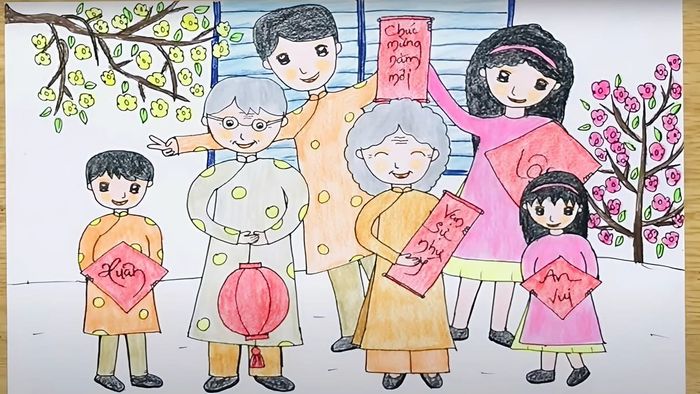 Vẽ tranh ngày Tết trong gia đình chúc Tết vui vẻ