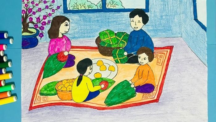Vẽ tranh ngày Tết trong gia đình đang gói bánh