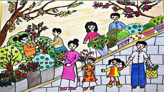 Mẫu tranh vẽ ngày Tết với mùa xuân vui tươi, nhộn nhịp