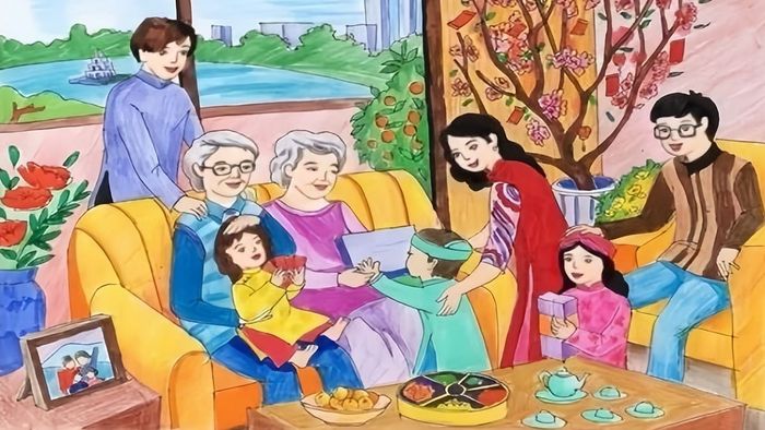 Vẽ tranh ngày Tết trong gia đình ấm cúng, yêu thương