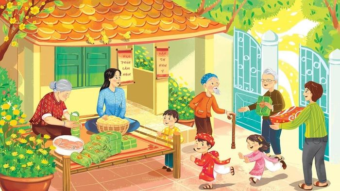Vẽ tranh Tết với hình ảnh gói bánh chưng truyền thống