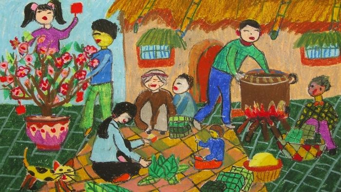 Hình ảnh vẽ tranh ngày Tết gói bánh chưng sắc nét 4K