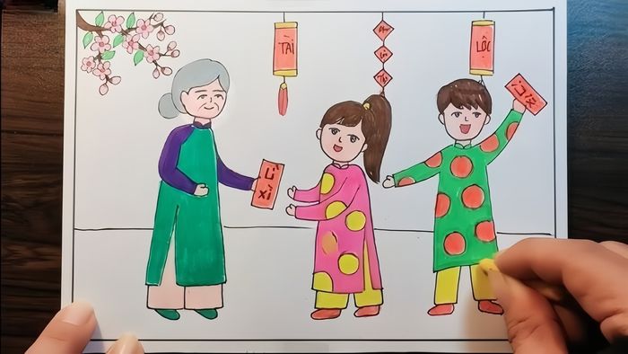 Tranh Tết với hình ảnh lì xì cho con cháu