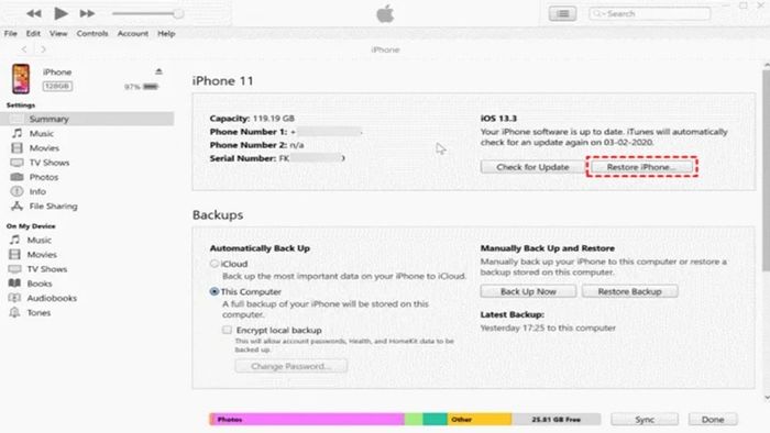 Xóa iPhone từ xa với iTunes