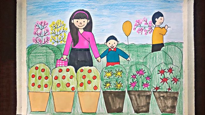 Hình ảnh vẽ tranh ngày Tết với không gian mùa xuân tràn ngập