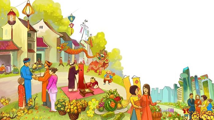 Mẫu tranh vẽ Tết tại quê em đẹp mắt