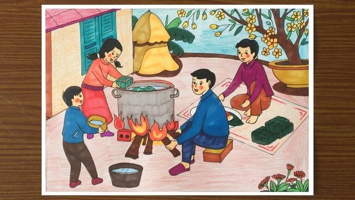 Vẽ tranh ngày Tết nấu bánh quây quần bên gia đình