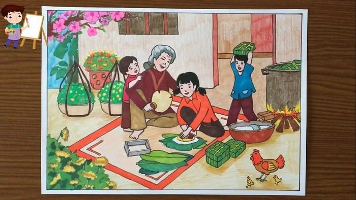 Mẫu tranh vẽ Tết dễ thương dành cho học sinh