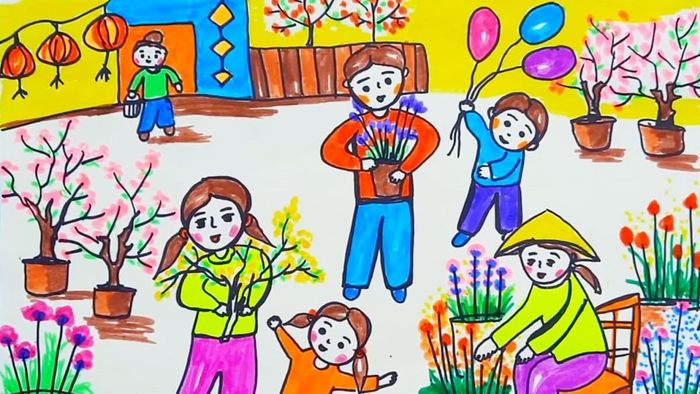 Mẫu tranh vẽ ngày Tết mùa xuân của quê em, giản dị mà đáng yêu