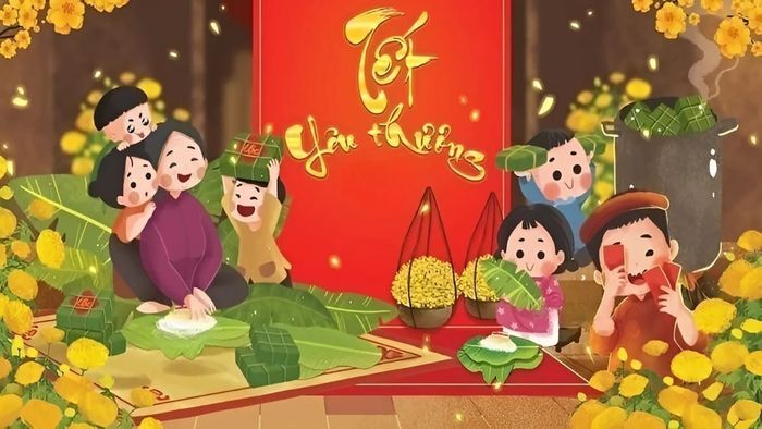 Mẫu tranh vẽ Tết với hình ảnh gói bánh chưng đặc trưng