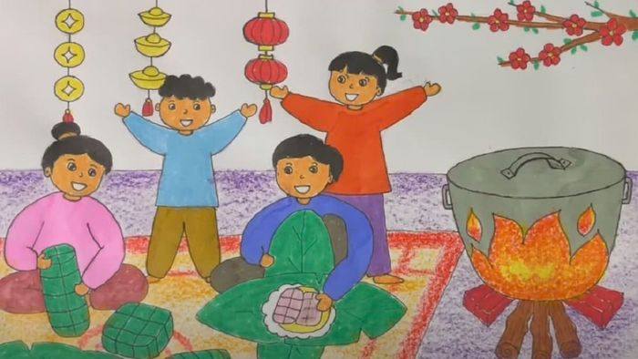 Hình vẽ tranh Tết đáng yêu, ngập tràn sắc xuân