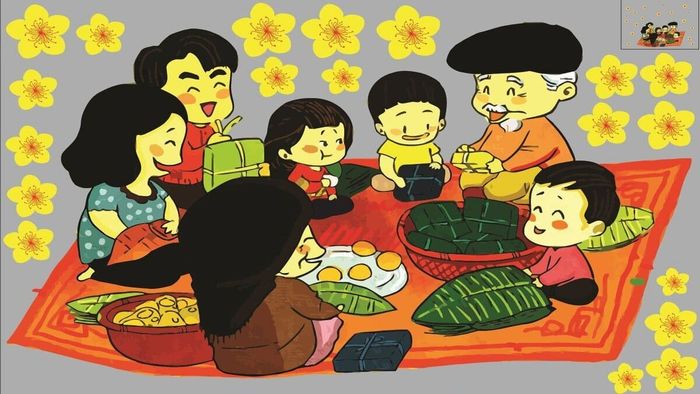 Hình vẽ tranh đơn giản về ngày Tết và gói bánh chưng