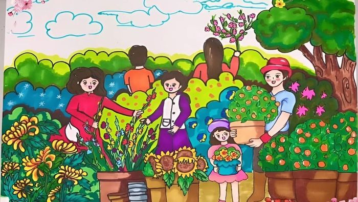 Mẫu vẽ tranh Tết dễ thương, đầy màu sắc